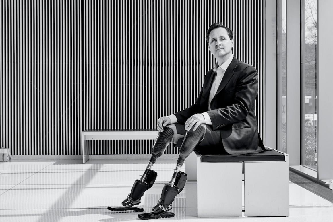 Portrait of Professor Hugh Herr with his bionic legs
